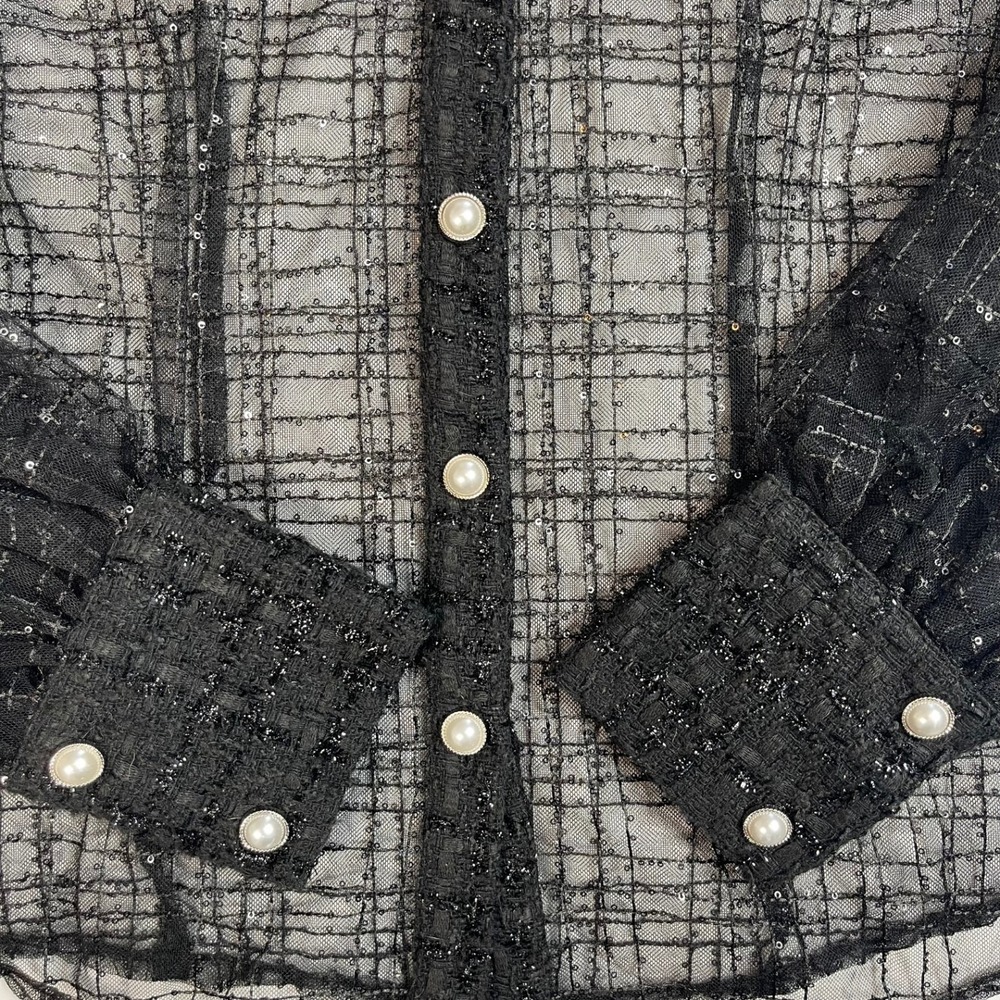 Black Plaid Sheer Sparkle Button Up Blouse Top Medium Whimsigoth Edgy Fairy - Picture 7 of 13